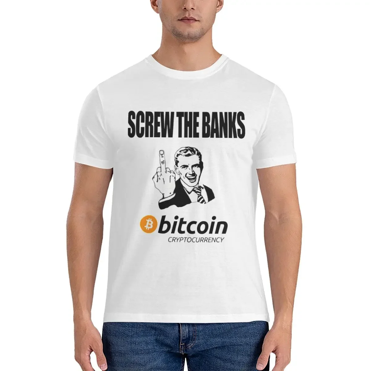 Round Neck Tees Gift Idea T-Shirts Sweatshirt Men's Screw The Banks Use Bitcoin T Shirt BTC 100% Cotton Tops Casual Short Sleeve