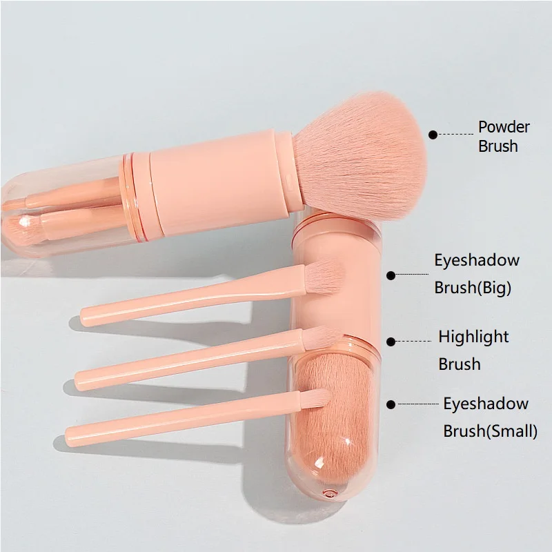 4in1 Travel Makeup Brushes Set Retractable Kabuki Brush and 3 Small Brushes For Eye With Soft Bistles Portable Pink Makeup Brush