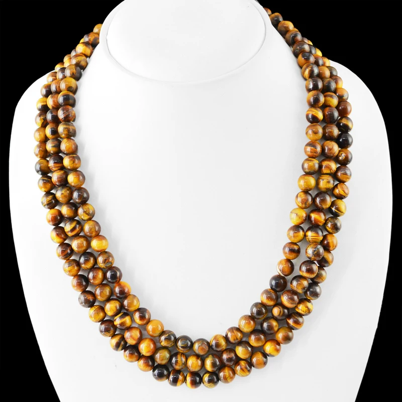 EXCELLENT 635.00 CTS NATURAL 3 LINE GOLDEN TIGER EYE ROUND BEADS NECKLACE (DG)