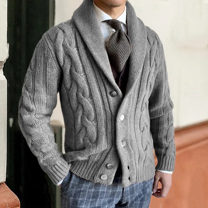 New Style Fashionable Knitted Cardigan for Men in Autumn and Winter 2024, Lapel, Long-sleeved, Cable-knit Sweater Coat M-2XL