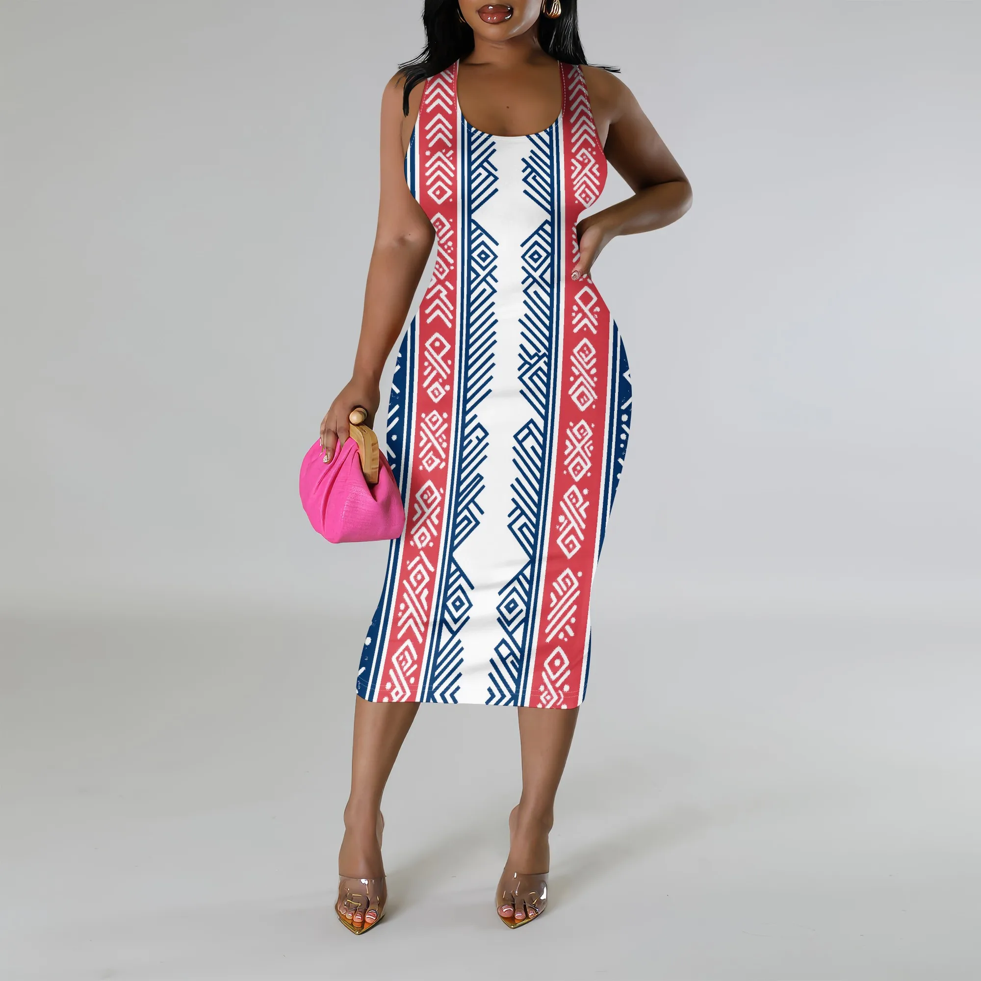 

Plus Size Sleeveless Tank Dress American Flag Stripe Ethnic Print Bodycon Midi Dress 4th of July