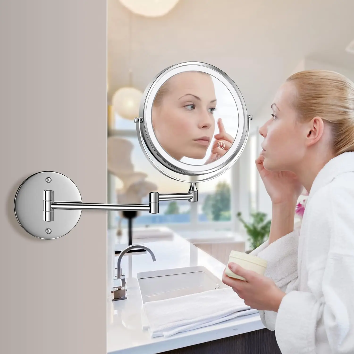 LED Lighted Wall Mounted Bathroom Mirror 5X Magnification, Double Sided Extendable Arm Touch Bathroom Makeup Vanity Mirror