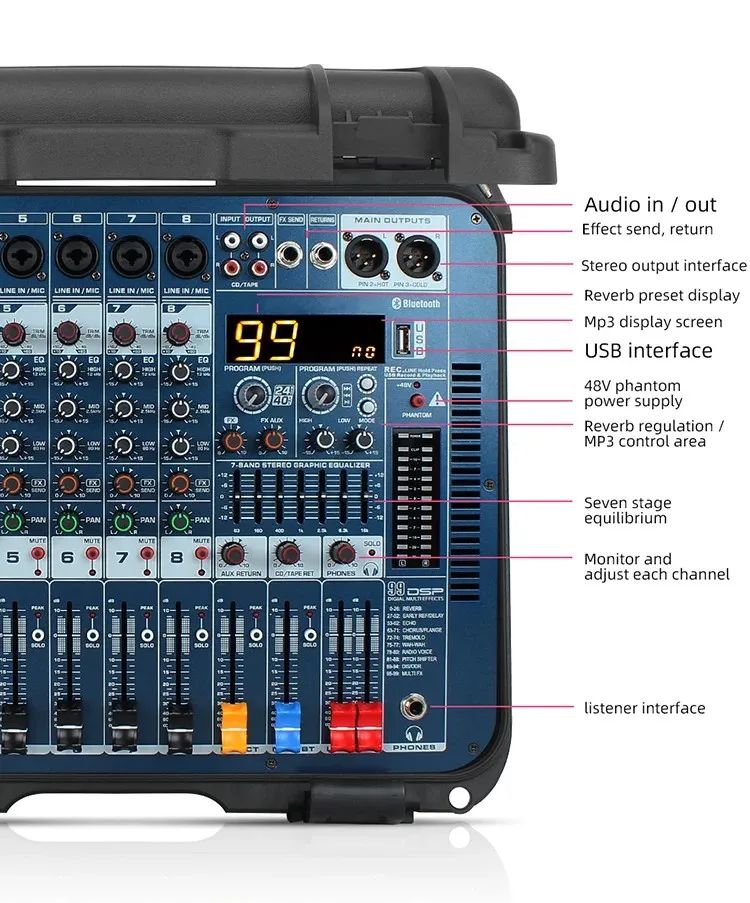 Fulude Professional 8-Channel Powered Mixer with Flight Case, High-Power Wireless Microphones, and Bluetooth - FA-800 (Microphon