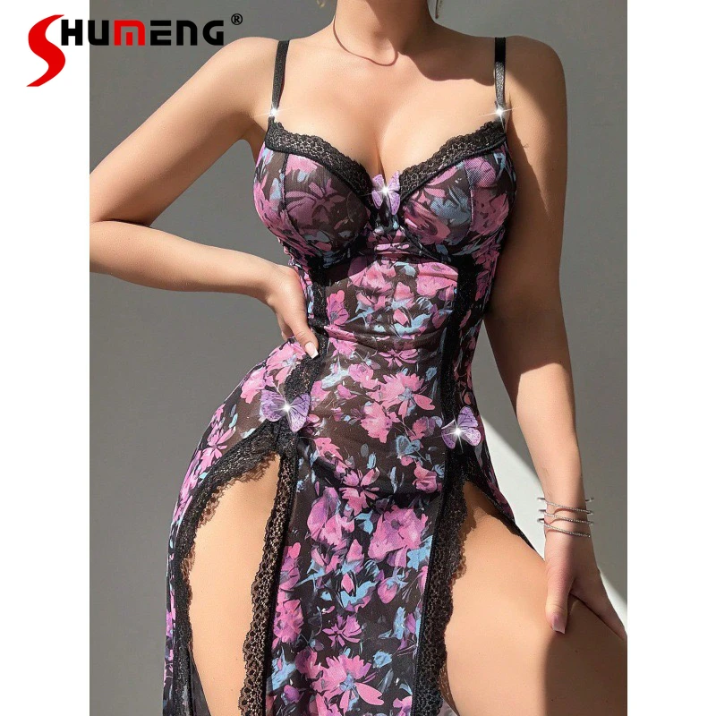 

Sexy High Slit Floral Strap Nightdress for Women Print Lace Street Wear Long Nightgowns Female Autumn Underwear Lounge