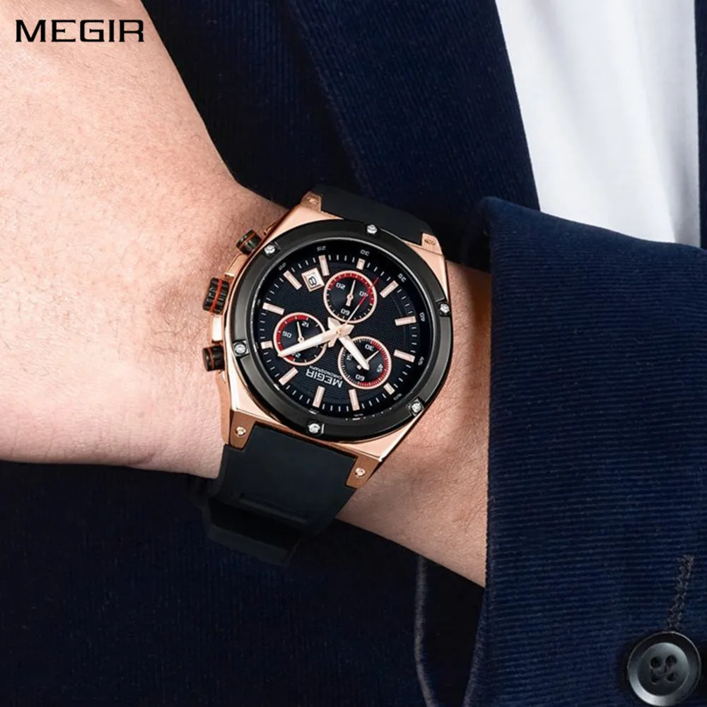 

MEGIR Mens Watches Silicone Quartz Wrist Watch Chronograph Fashion Sport Business Wristwatch Luminous Male Clock Montre Homme