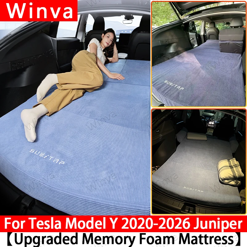 For Tesla Model Y 2020-2025 2026 Juniper Foldable Corduroy Memory Foam Mattress Back Seat Camping Bed for Road Trip Travel Nap