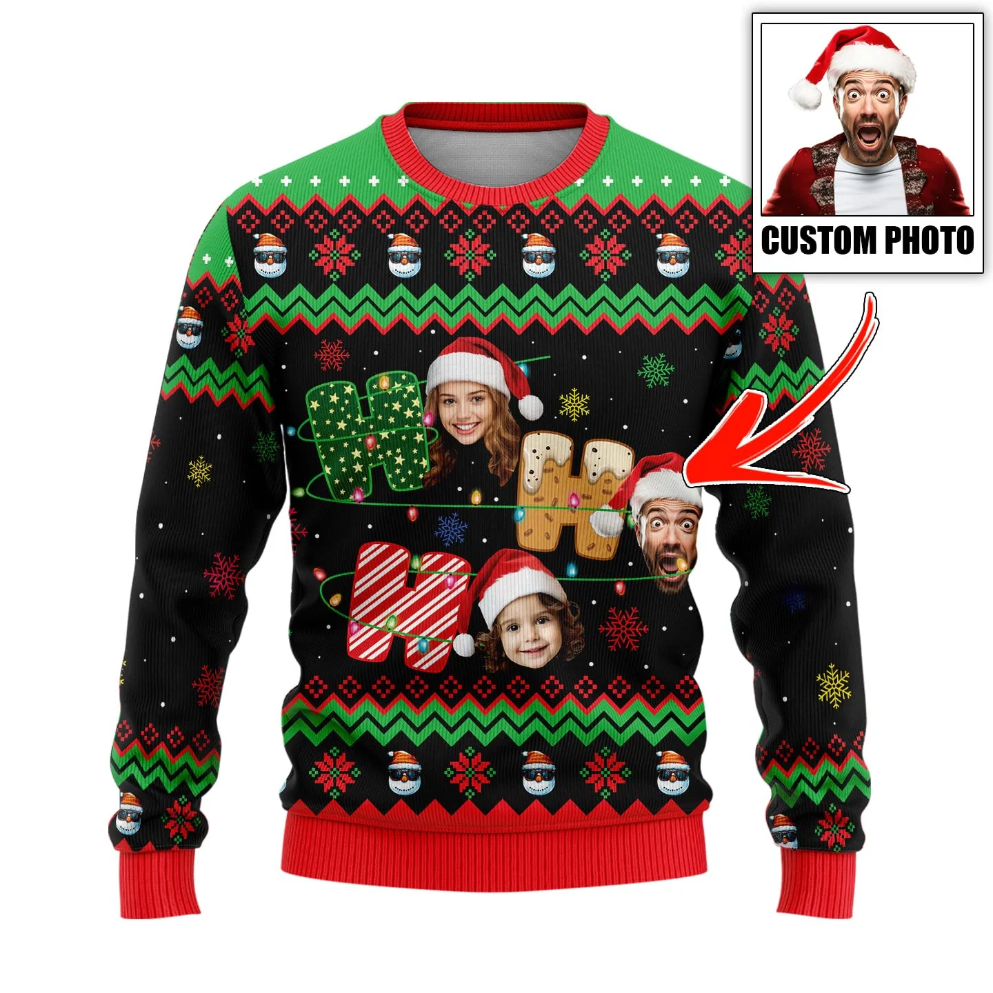 

2025 Custom Snowman Santa Claus Face Family Ugly Sweaters Funny Personalized Christmas Sweater, Customized Sweatshirts Unisex