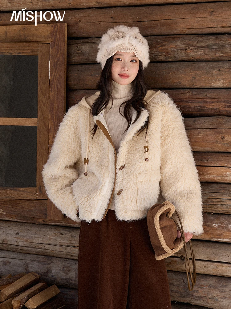 

MISHOW зимняя куртка женская 2025 модное бежевое вязаное плюшевое пальто с капюшоном повседневное теплое ветрозащитное короткое пальто MXE86W0908