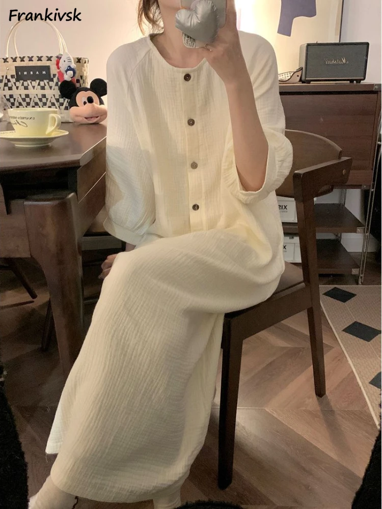 Long Nightgowns Women Elegant Chic Loose Fashion Button Design Basic Spring Soft Sleepwear Simple Schoolgirls O-neck Home Korean