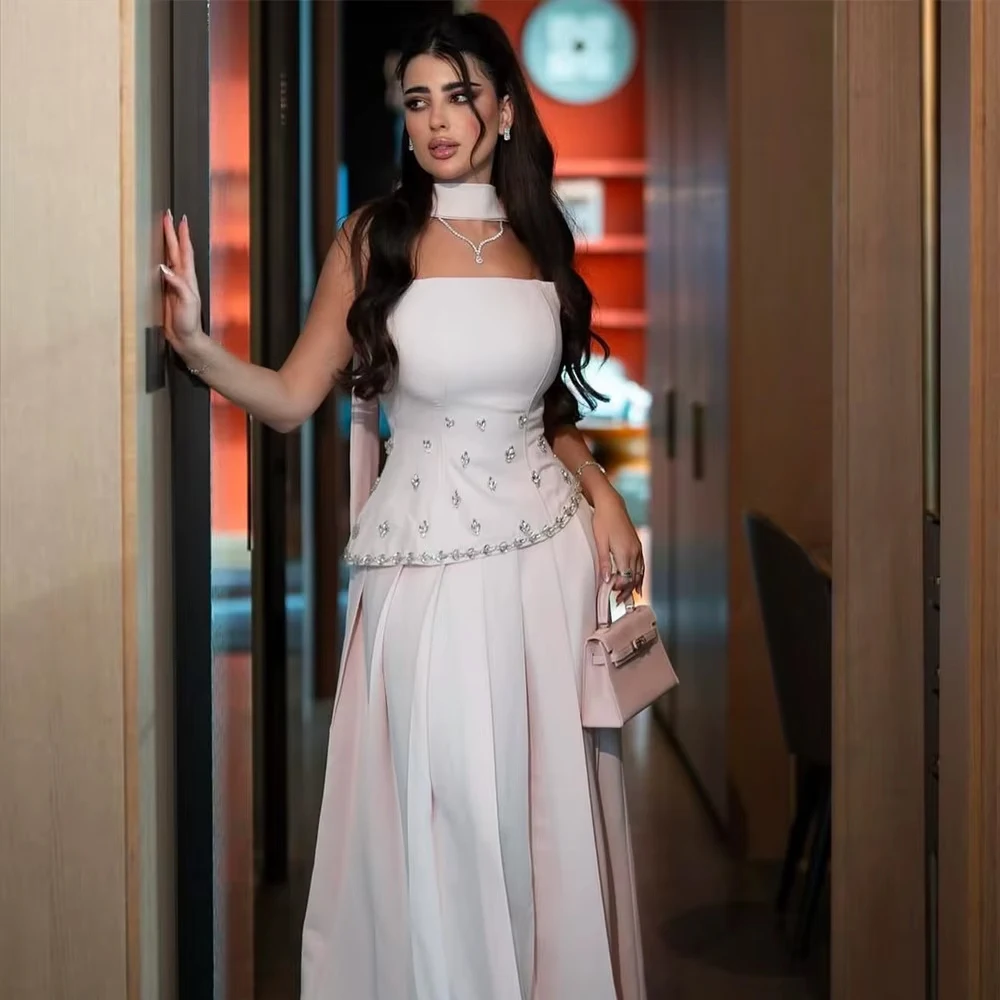 تخصيص الراين مطوي شاحب الوردي فساتين لحضور الحفلات الموسيقية مع وشاح حمالة مساء رسمي الطابق طول فساتين حفلات vestidos