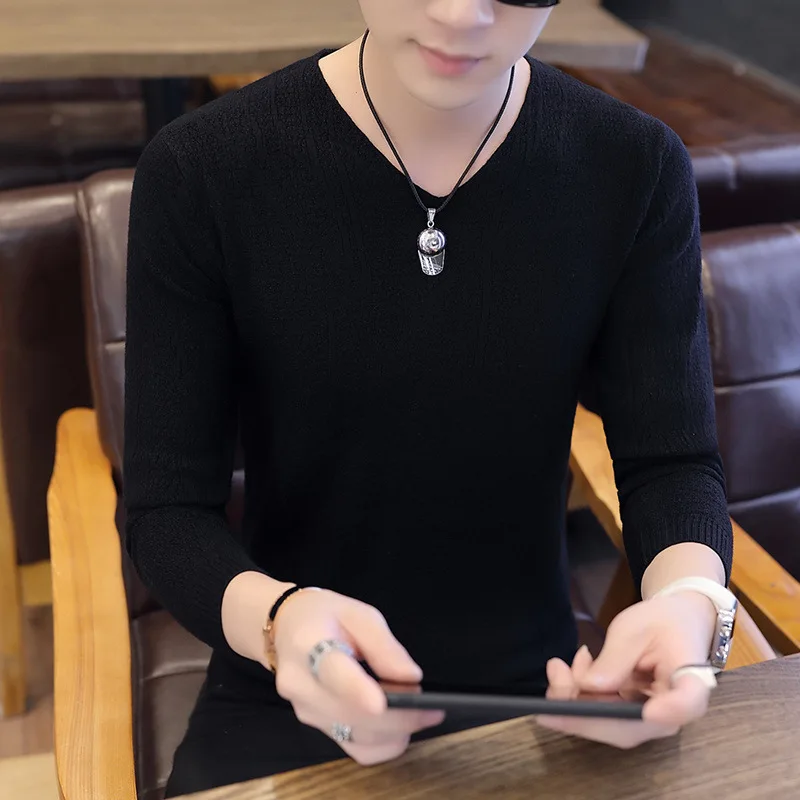 Camisola fina masculina primavera e outono nova camisa manga longa cor sólida moletom base camisa na moda topo