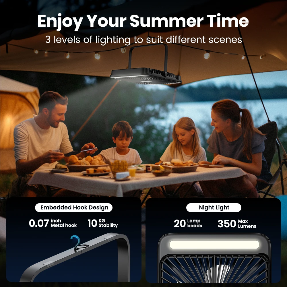 Warmco D4 Portable Desk Fan 20000mAh Rechargeable Camping Fan & LED Light 48Hrs Runtime 8" Silent Personal Fan Digital Display image 3