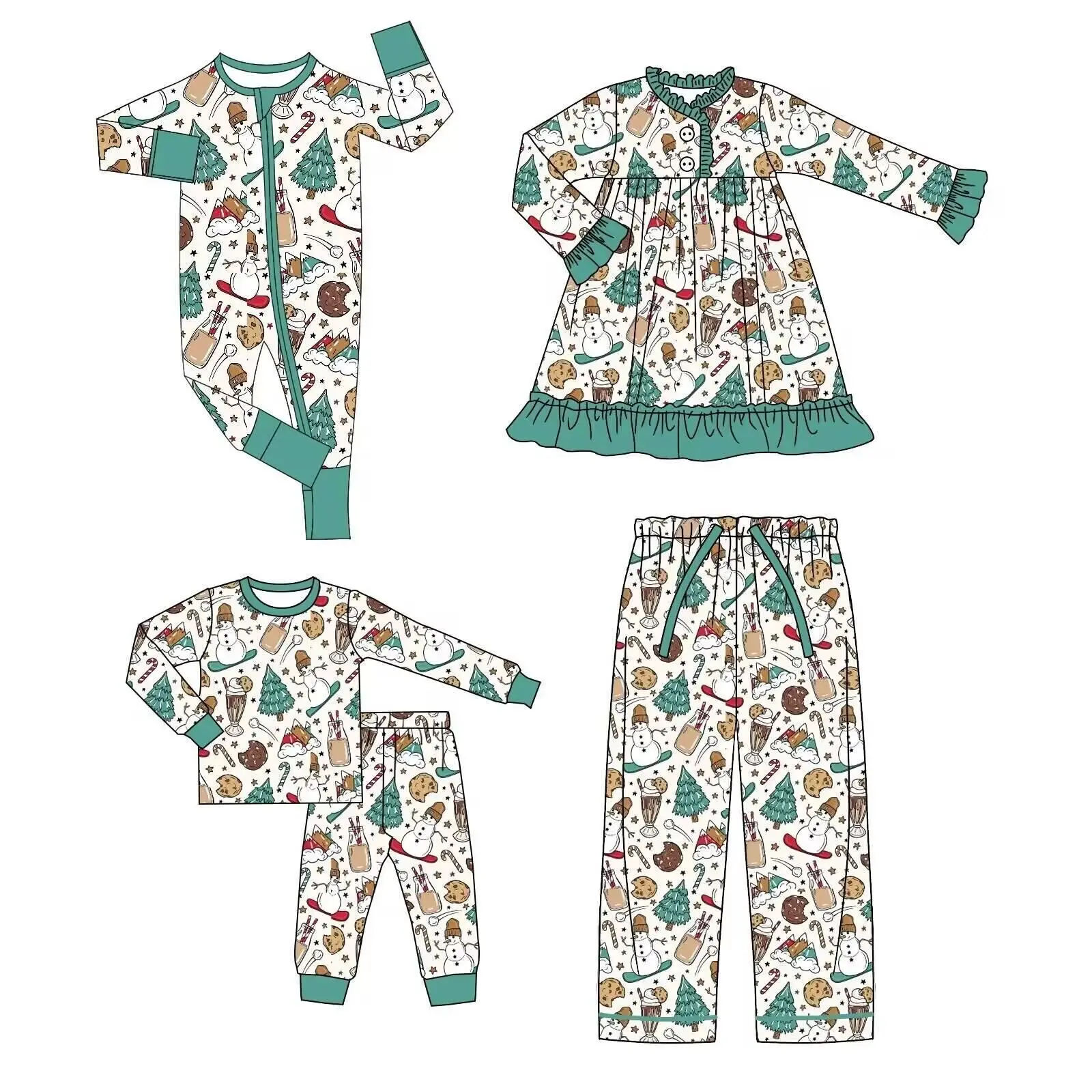 

Christmas Pajamas Kids Set Long Sleeve Lace Tree Snowman Print Girls Dress Boys Pajama Set Baby Romper Boys Pants Milk Silk