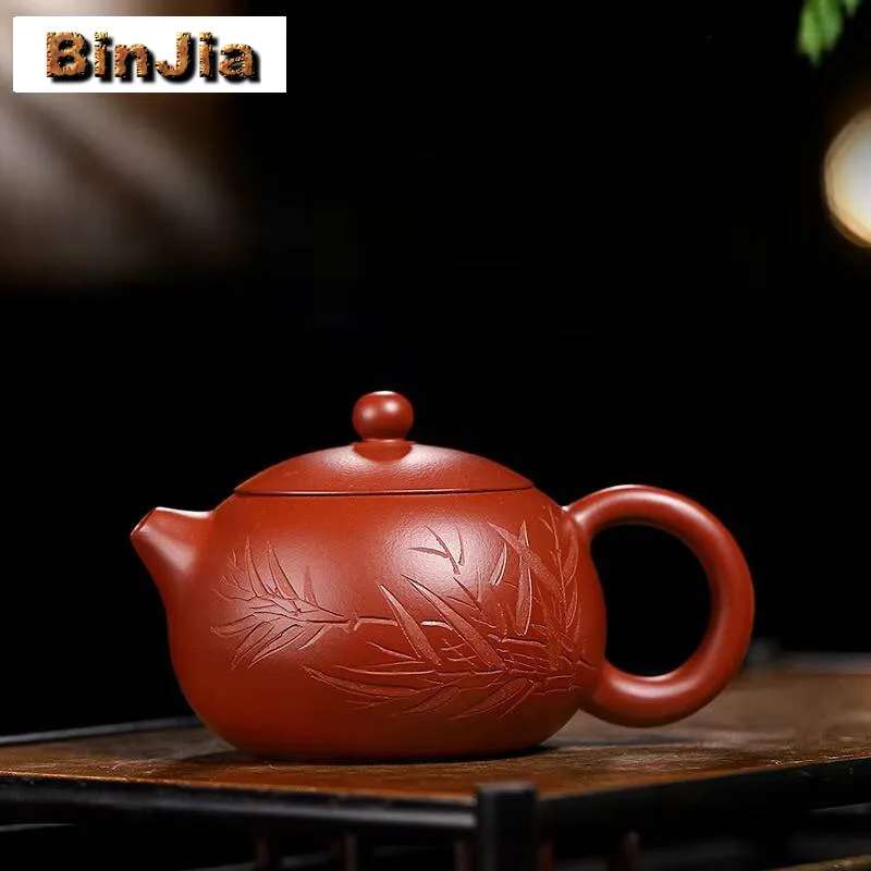 

Аутентичные чайники Yixing из фиолетовой глины, 220 мл, резной бамбуковый горшок ручной работы Xishi, чайник из сырой руды Dahongpao, грязевой чайник Zisha, чайный сервиз для