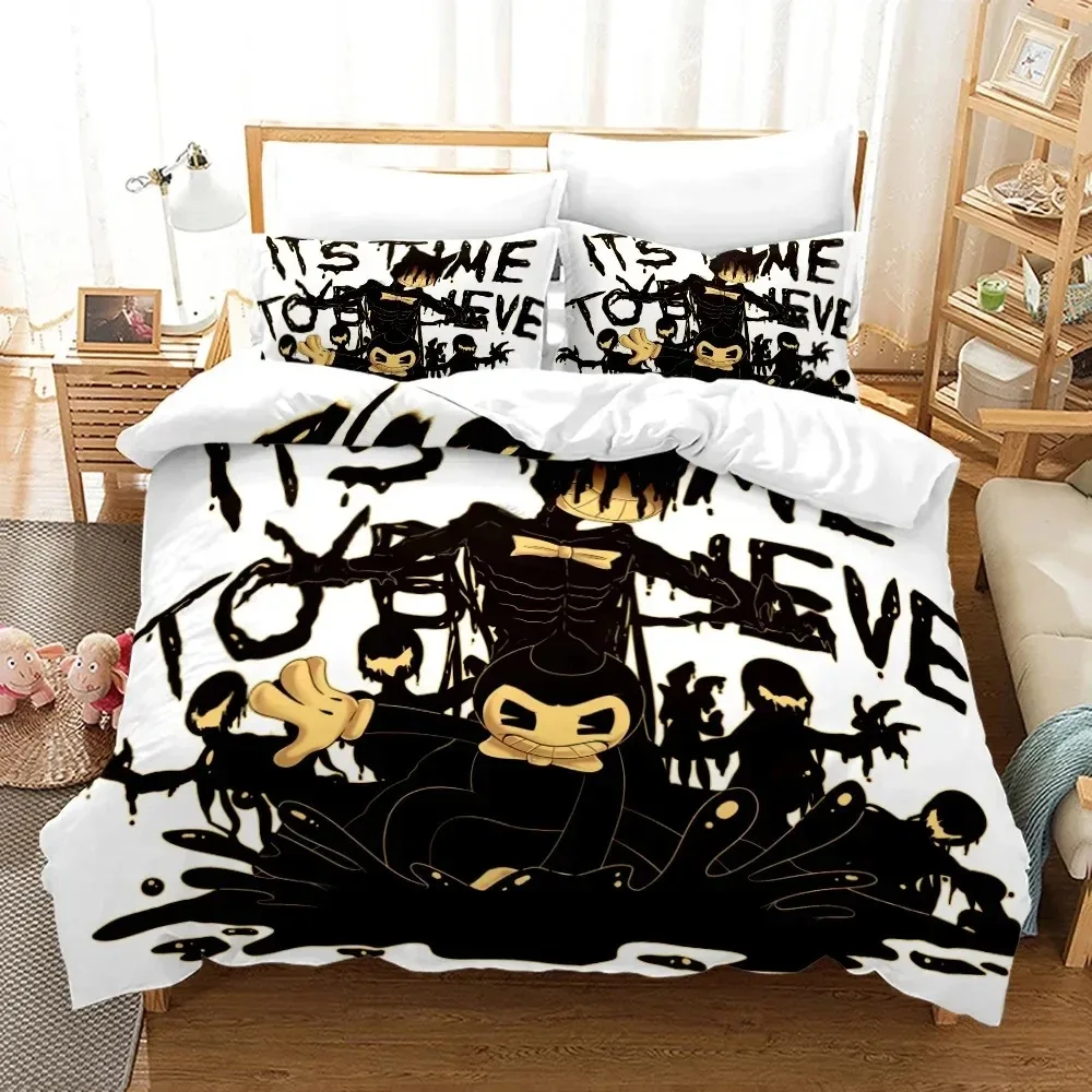 Set seprai mesin tinta motif kartun 3D Bendy N, Set selimut penutup tempat tidur, sarung bantal nyaman ukuran king Queen anak laki-laki dan dewasa