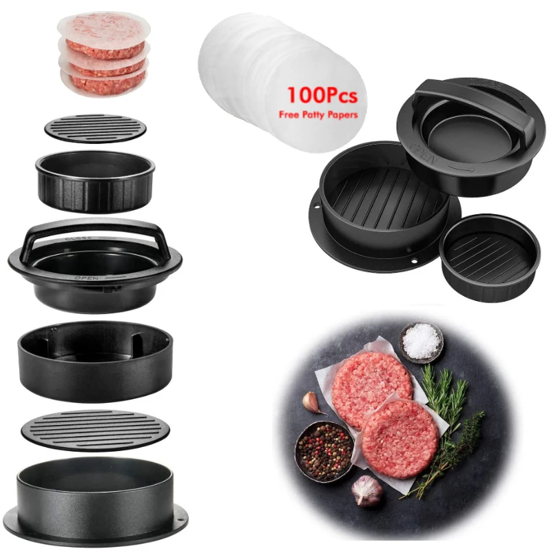 Burger Press Patty Mold With 100 Patty Papers, Round Non-Stick Meat Beef Grill Hamburger Maker Press