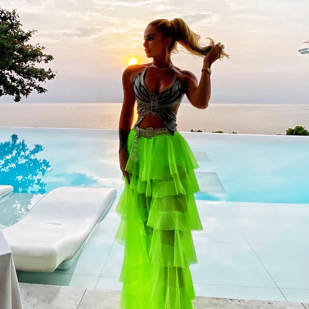 

HOBBY See Through Bright Green Tulle Skirt Straight A-line Floor Length Women Clothes Ever Pretty Plus Size Custom Made Gown