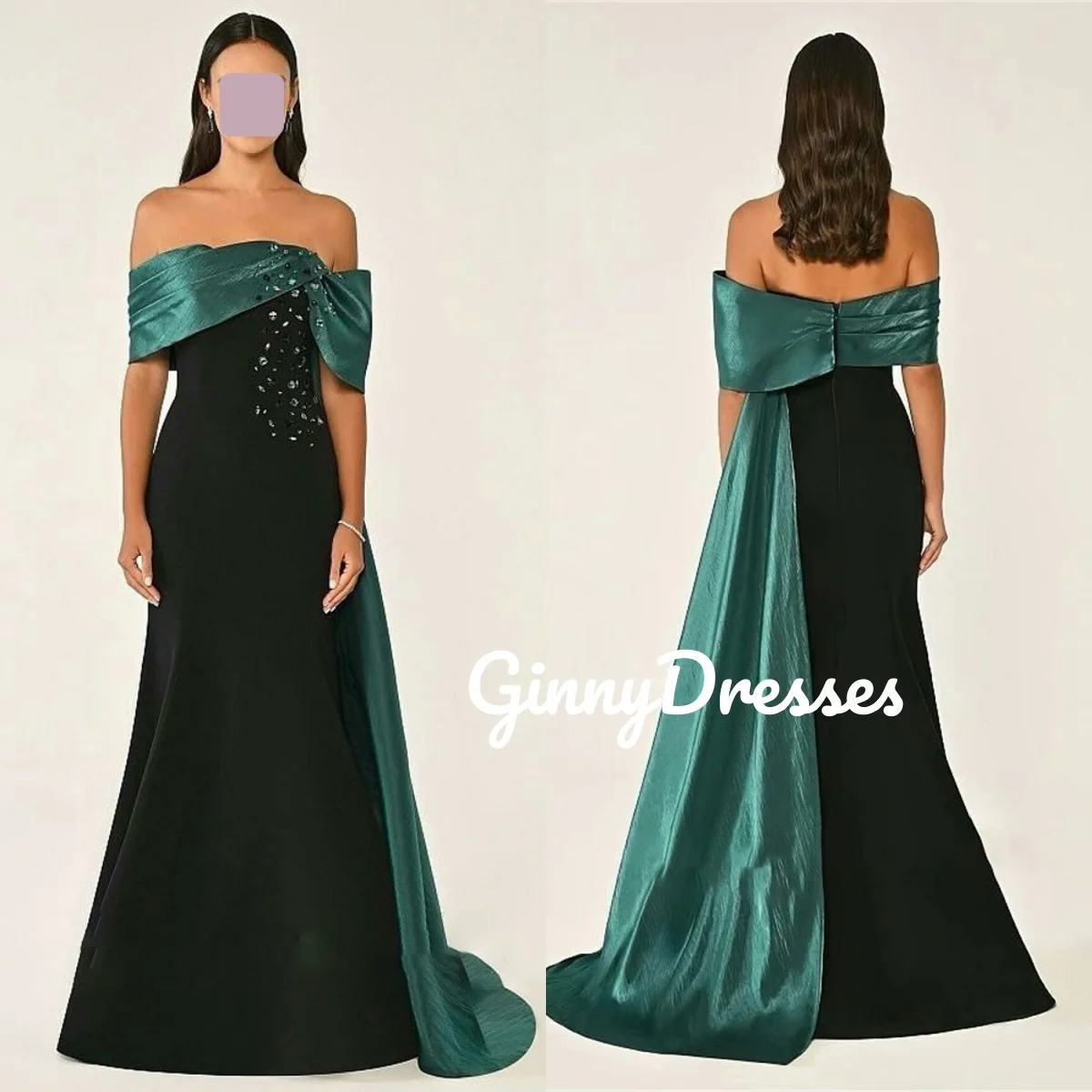 

Party Dresses Customize Mermaid Off-The-Shoulder Zipper Up Elegant Party Dresses For Women Beadings Short Sleeves Floor-Length D
