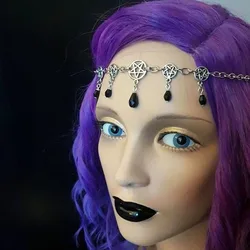 Gothic Pentagram Head Chain Witchcraft Punk Multilayer Wizard Black Crystal Hair Band Ornament Goth Halloween Accessories VGH032