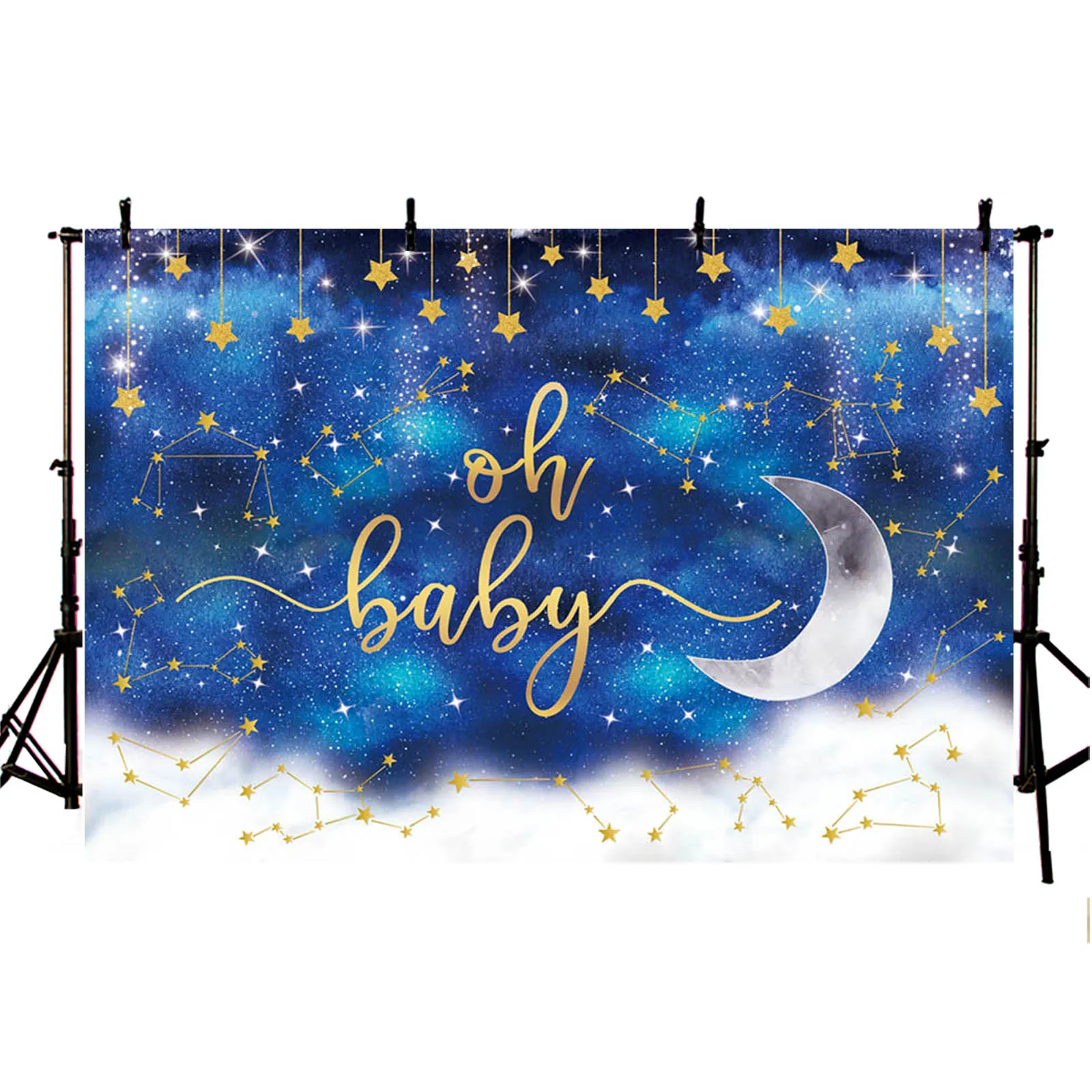 AIBIIN Baby Shower Photography Backdrop for Boy Twinkle Little Stars White Moon Party Decor Navy Blue and Gold Background