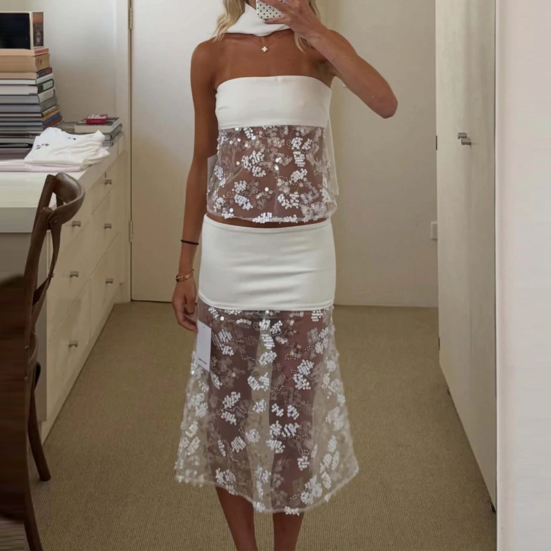 

Elegant Lady Off Shoulder Pleated Party Skirts Sets Temperament Slim Vacation Set Fashion New Tube Tops Lace Vest And Skirts Set