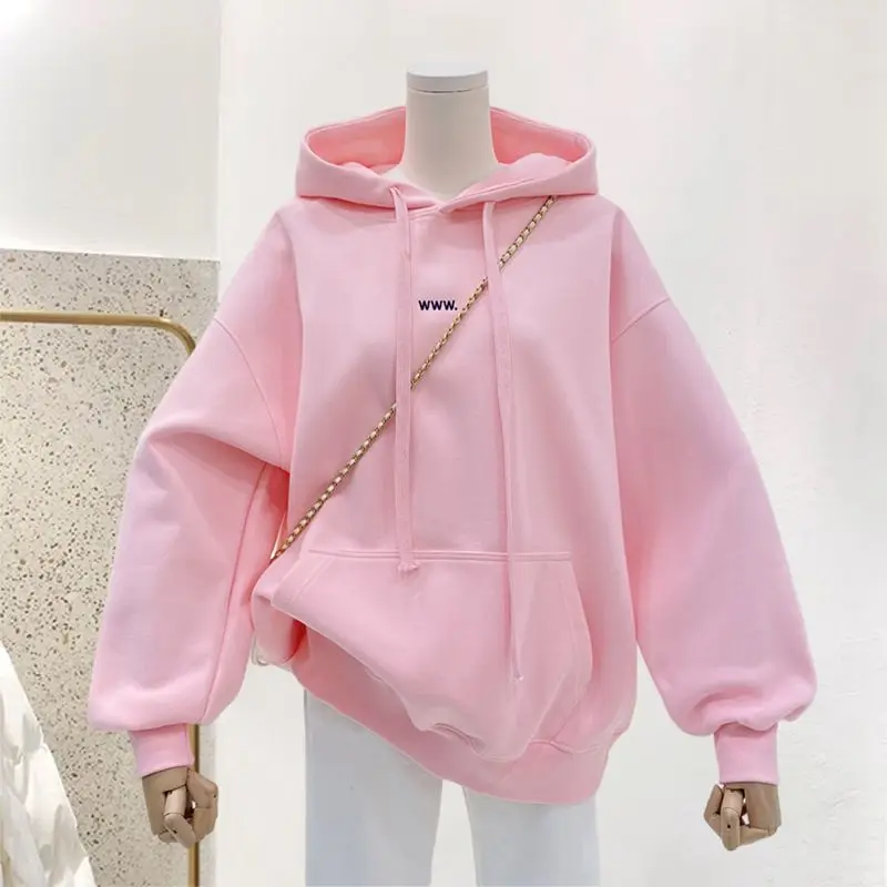 Women Pink Hoodie Embroidered Sweatshirt Fleece Lined Harajuku Streetwear Casual Warm Pullover Fall Winter Tops