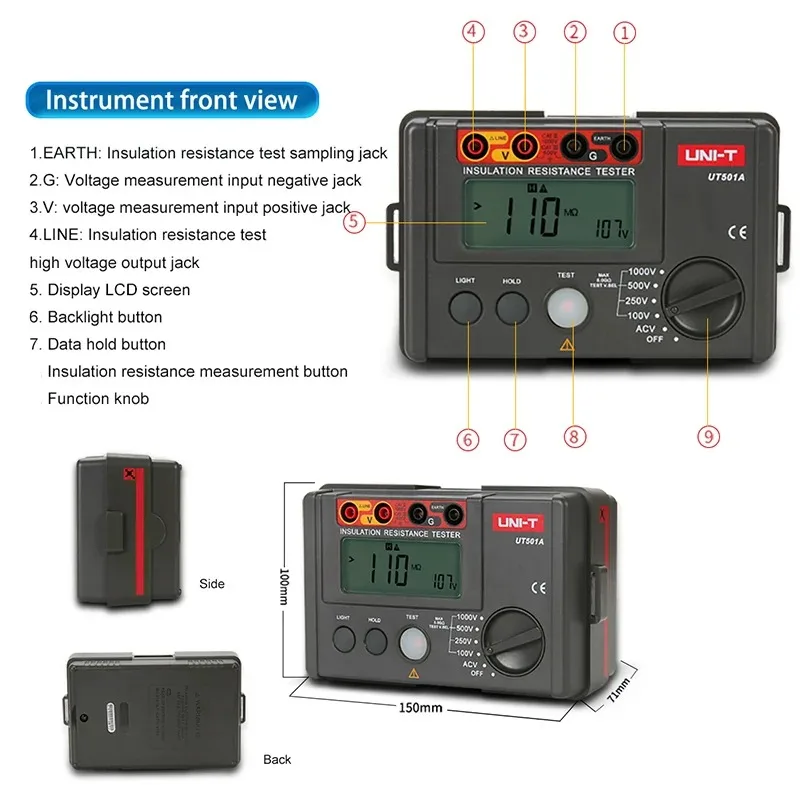 UT500 series digital insulation resistance tester 1000V automatic alarm megohmmeter high-definition backlit large screen