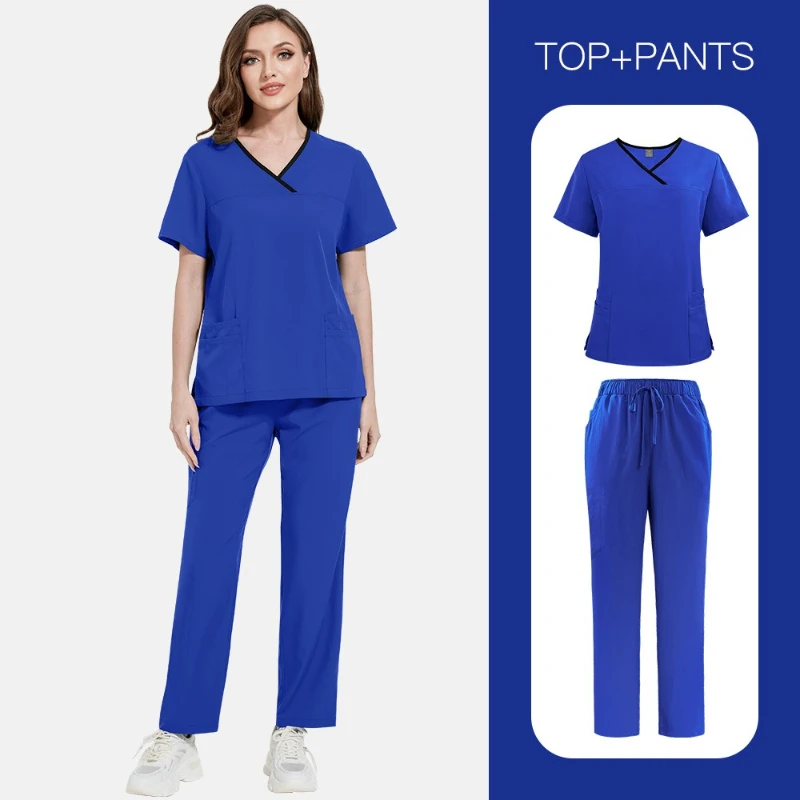 Color Block & Solid Color Lightweight Scrubs Set for Men Women Short Sleeve Long Pants Uniform for Doctors Nurses Beauty Salon