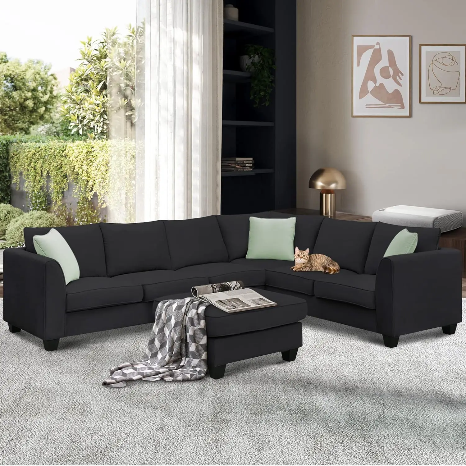 Modern Large U-Shape Sectional Sofa, 7 Seat Fabric Sectional Sofa Set with Movable Ottoman, L Shape Sectional Sofa Corner Couch