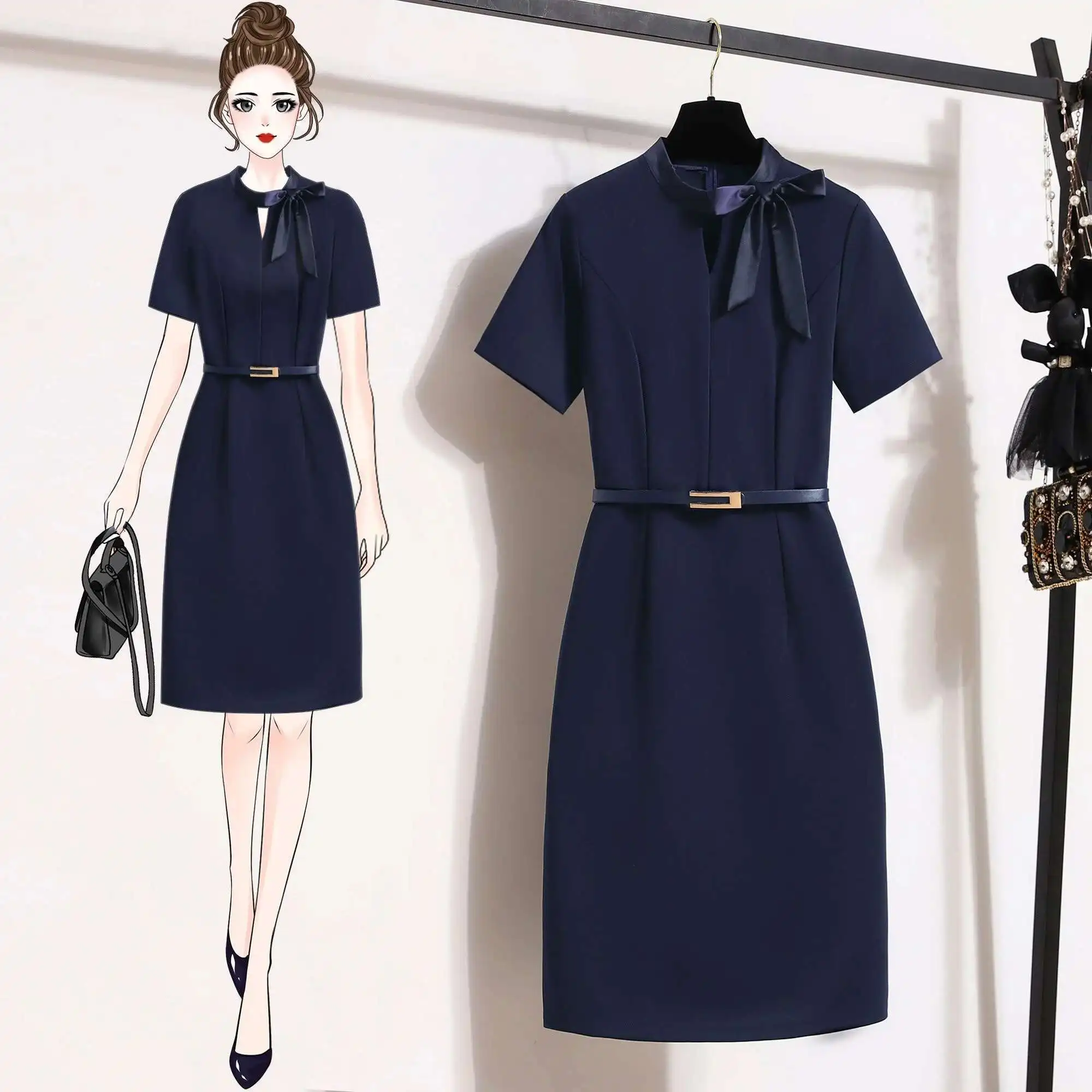 

Summer New Slim Professional Work Pencil Dress Elegant Women's Belt Bow Navy Hotel Jewelry Shop Club Korean Style Clothing