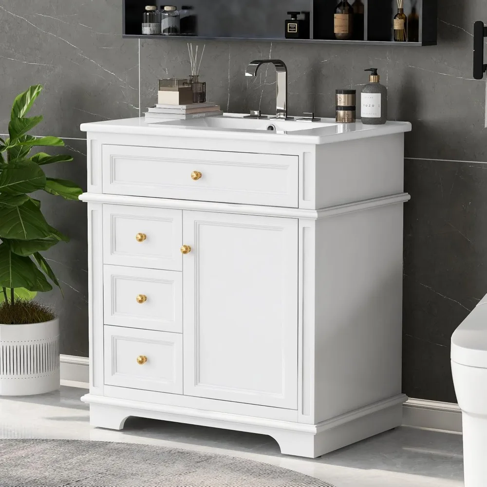 30'' Bathroom Vanity with Sink, Single Bathroom Sink Cabinet with Ceramic Basin, Freestanding Bathroom Vanities with Soft