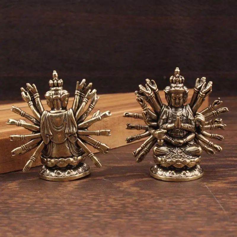 1Pcs Avalokitesvara Guanyin Altar Statue Retro Brass Thousand-hand Bodhisattva Buddha Statue Home Temple Decor Buddhist Gift