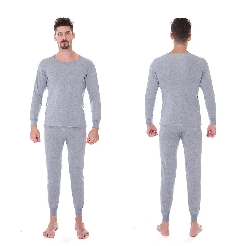 Two Sets Of Fall And Winter Men\'s Thermal Padded Thickened Solid Color Fall Clothes  Bottoming Round Neck Winter Underwear Set