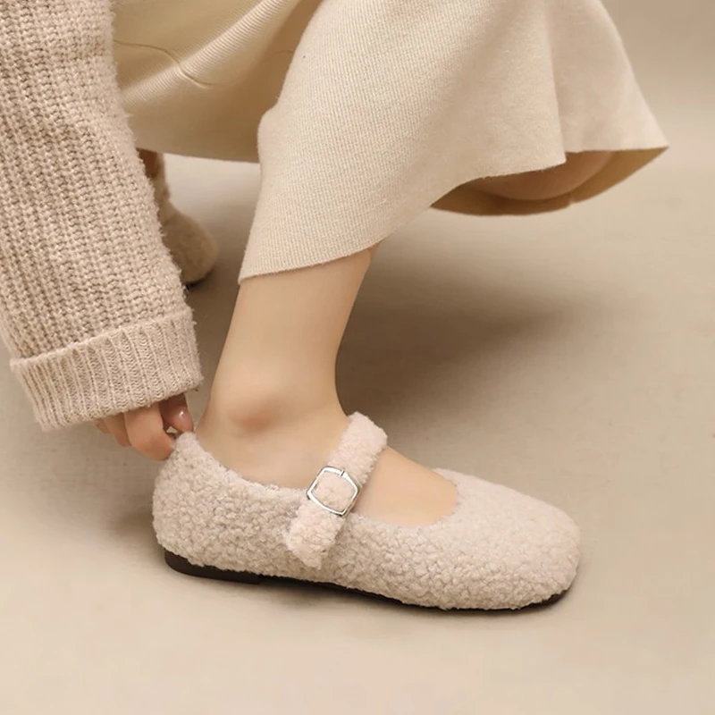 Elegant Square Toe Lambswool Mary Jane Shoes Woman Fashion Teddy Fur Ballet Flats Ladies Winter Warm Plush Loafers in Pink Green