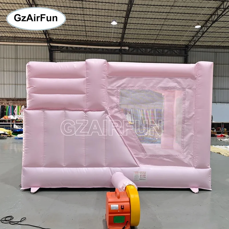 Pink Macaron Inflatable Bounce House With Slide, Princess Inflatable Jumping Castle With Transparent Ball Columns for Kids Party