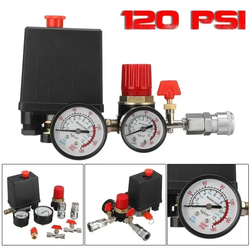 240V 120PSI Air Compressor Pump Pressure Switch Control Valve Manifold Regulator With Quick Connector Gauges 95-125 PSI