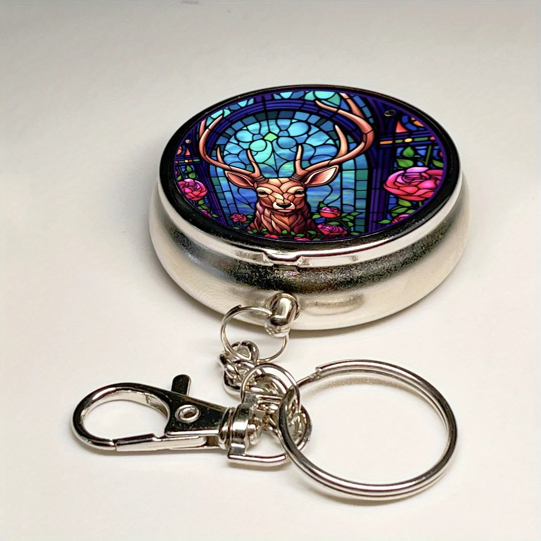 Deer and Flower Color Design Ashtray, Creative Ashtray, Mini Portable Ashtray with Lid, Key Chain Stainless Steel Travel Ashtray