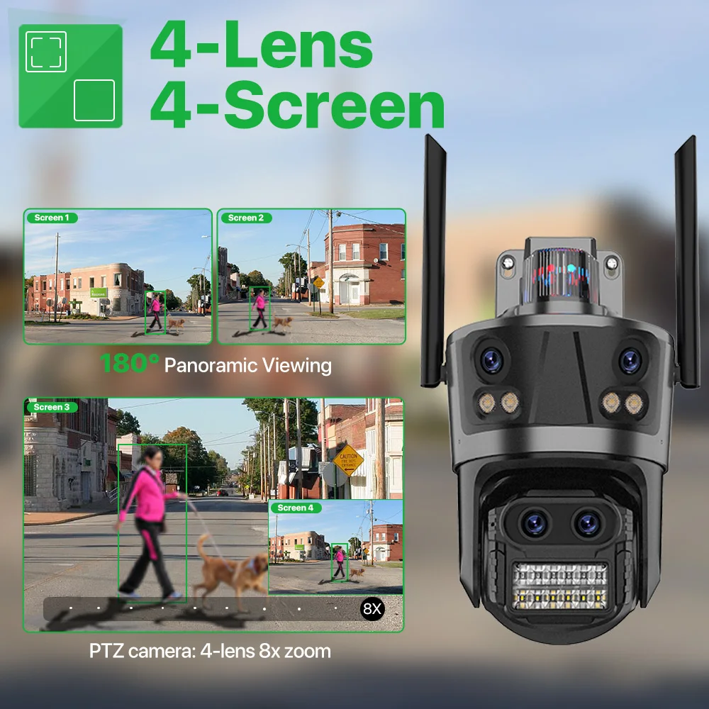 WIFI 8K 8X Zoom IP Camera Four Lens Four Screen Human Detecton Camera 4K 8MP IP HD Dual Srceen Security Waterproof Camera iCsee