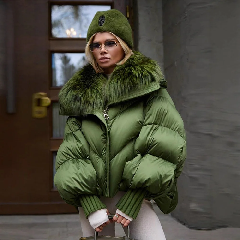 

FL Women's Green Fur Collar Quilted Coats Loose Puffy Zipper Pockets Full Sleeve Cotton Coat 2025 Winter Lady Warm Jackets New