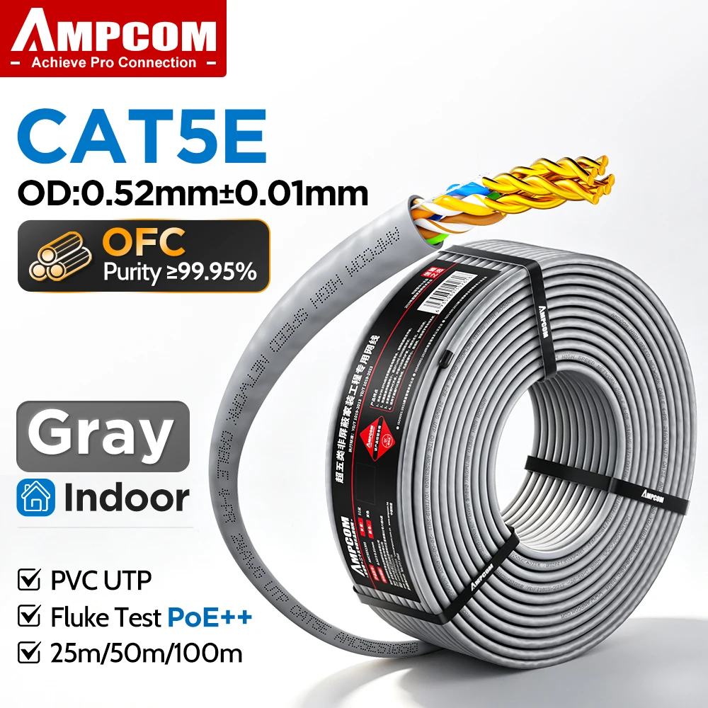 AMPCOM Bulk Network Cable, CAT5E Unshielded 24AWG OFC Solid Pure Copper 0.52mm RJ45 Ethernet Cable, Gray 25/50/100m, for POE++