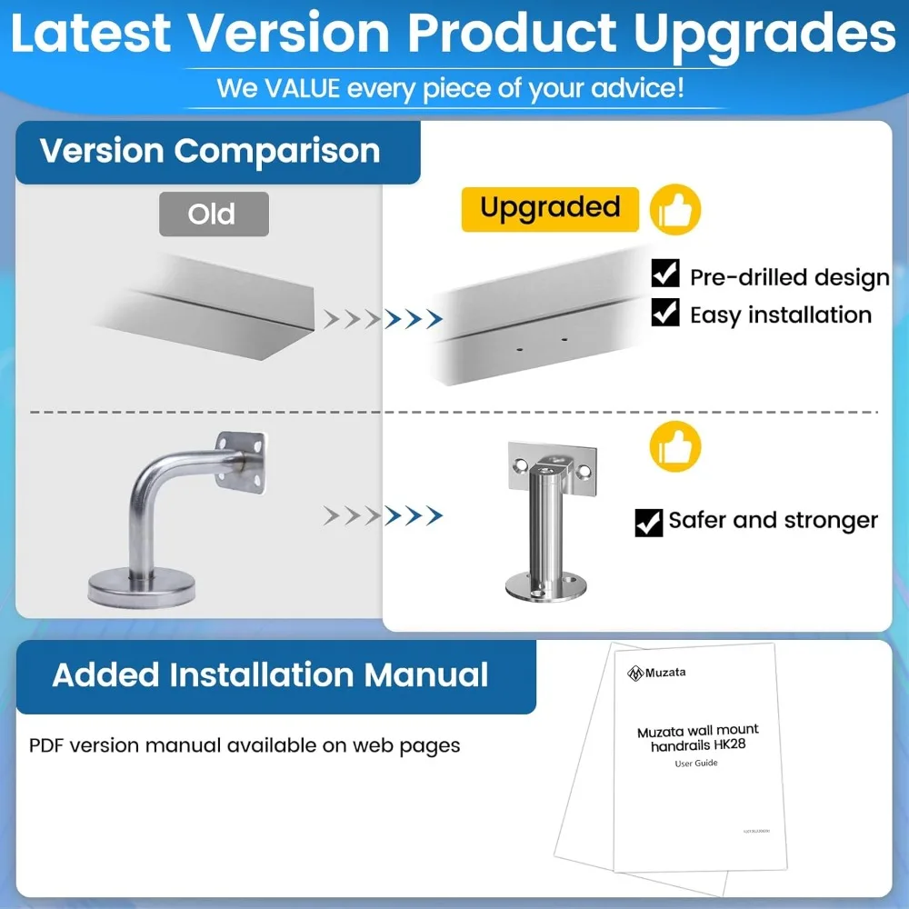Muzata 5Ft درابزين درج محفور مسبقًا 1x2 درابزين مستطيل مصقول مثبت على الحائط من الفولاذ المقاوم للصدأ قضيب يد آمن داخلي Outd