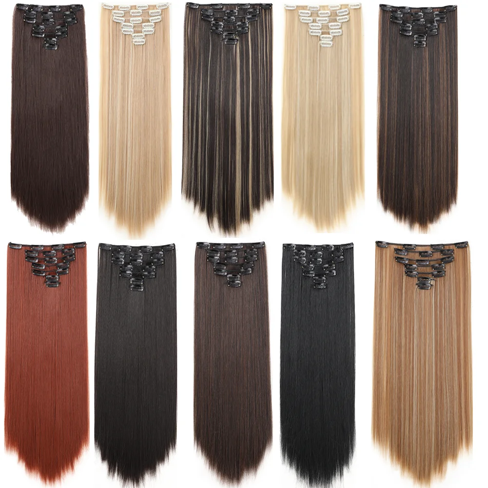 22Inch Long Straight Clip in Hair Extension  Hairstyle 16 Clips 7Pcs/Set   Synthetic  Black Brown Hairpieces  For Wom