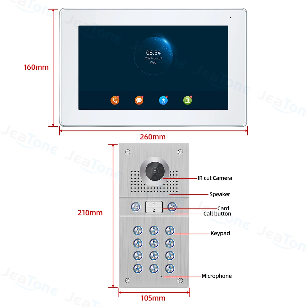 Jeatone 투야 스마트 비디오 도어폰 인터폰, 전자 도어맨, 와이파이 카메라, RFID 카드, 앱 잠금 해제, 모션 감지 초인종, 10 인치