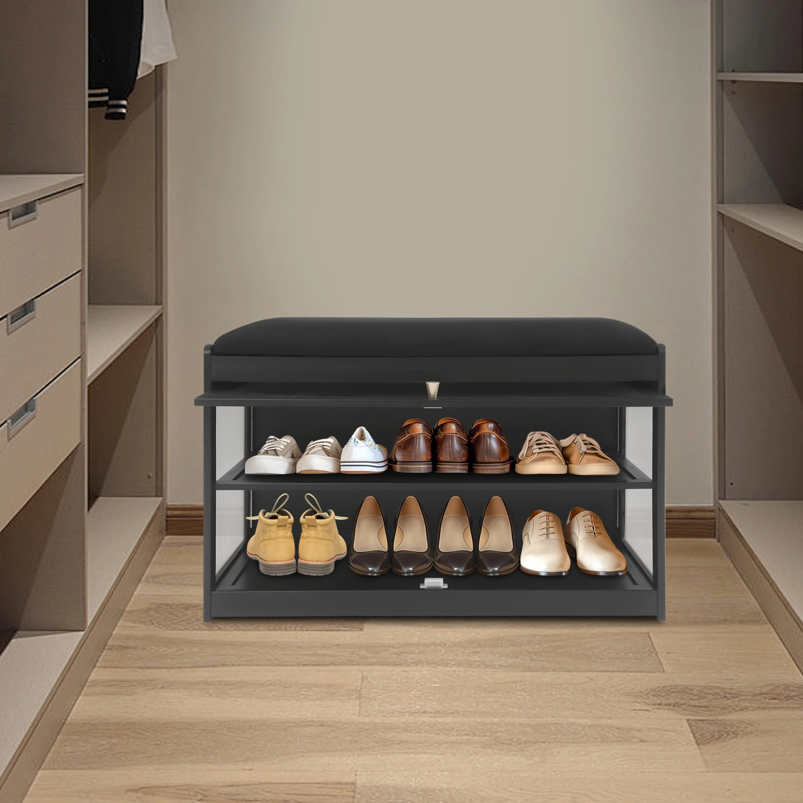 

Black Entryway Shoe Bench Shoe, Rack Bench with Cushion, Modern Hallway Sitting Stool for Home, Living Room, Porch