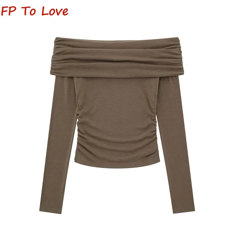 

Y2K Design Pleated Slim Stretch Bottom Shirt Tops Women Pure Desire Sexy One Neck Strapless Short Long Sleeve T-Shirt