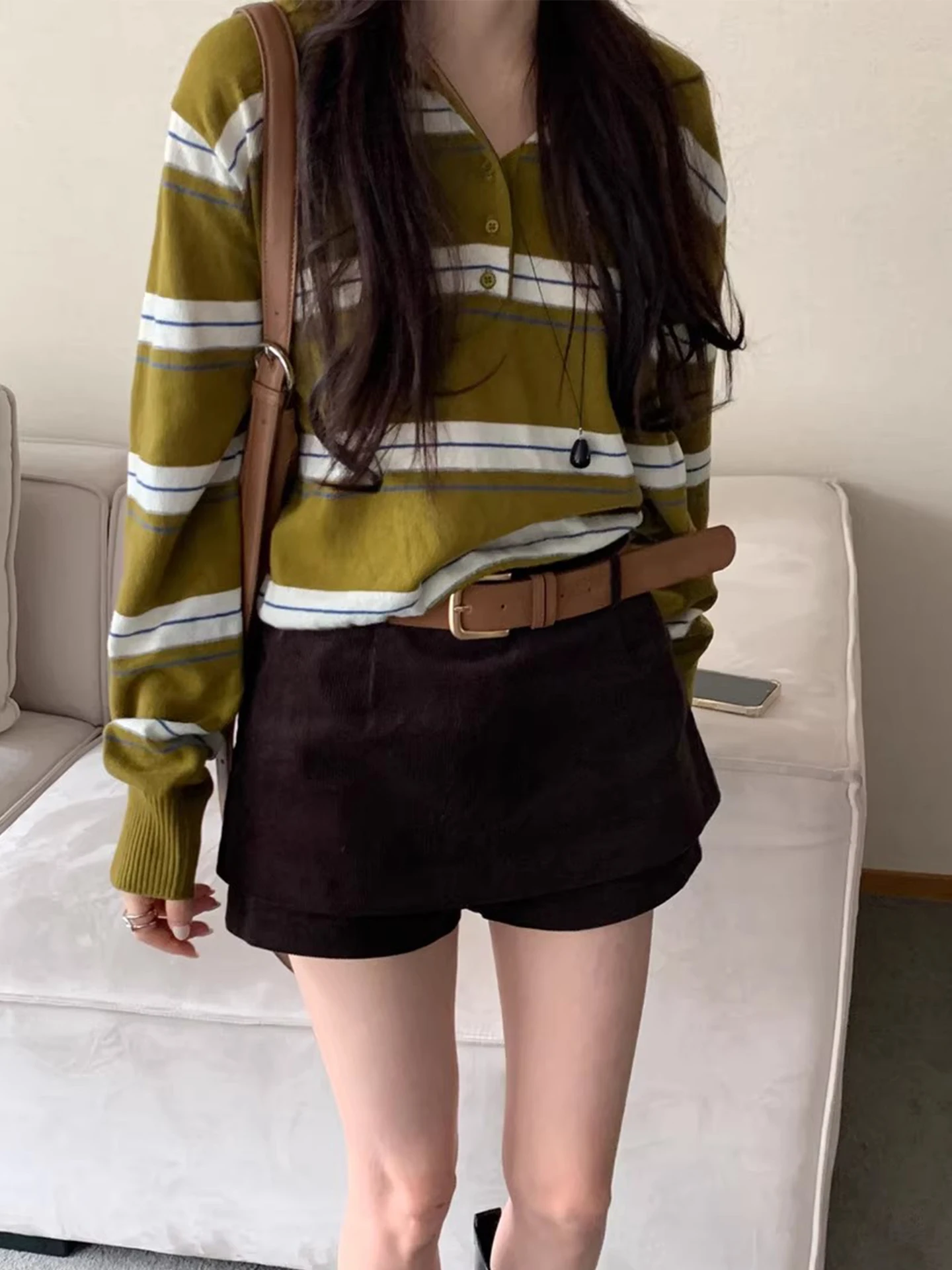 시크한 가을 겨울 신상 레트로 안티에이징 네이지 루즈 컬러 블록 롱 스트라이프 니트 스웨터 여성용