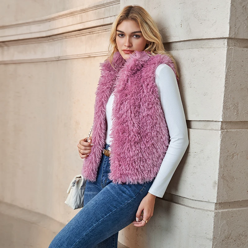 Damska pluszowa kamizelka/płaszcz na jesień i zimę, nowa, jednolita, bez rękawów, z kołnierzykiem, otwartym szwem, modna, odmładzająca, futrzana.