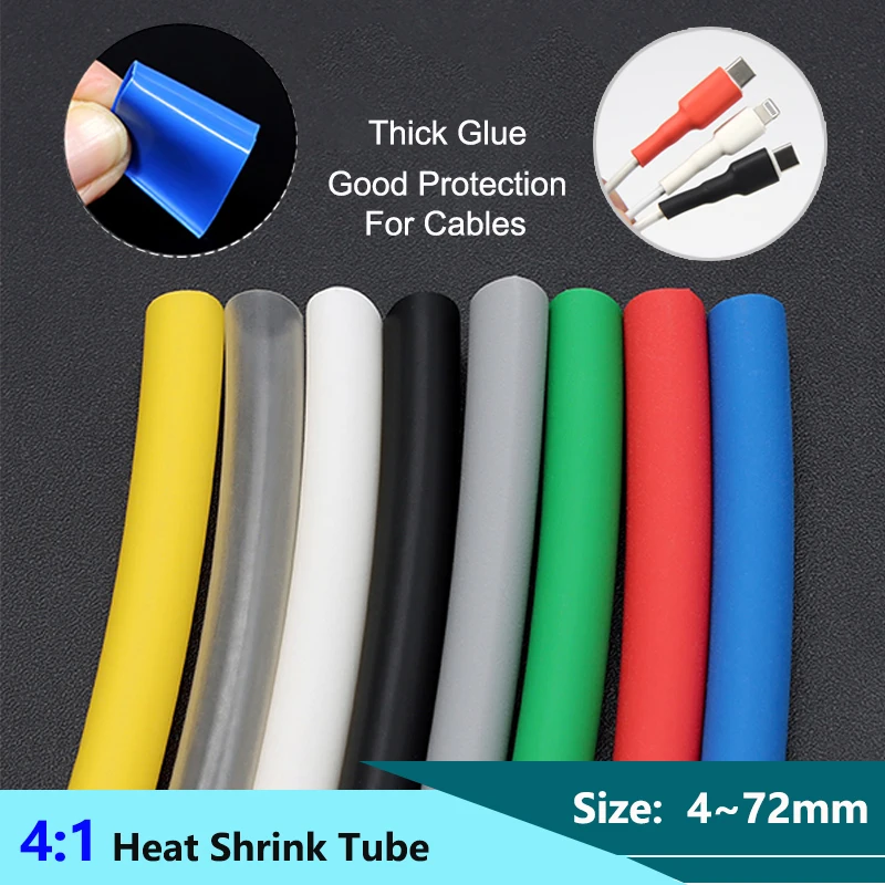 1M 4:1 Heat Shrink Tube With Glue 4 6 8 12 16 24 52 72mm Thermoretractile Shrinkable Wrap Cable Protector Sleeve Wire Connection