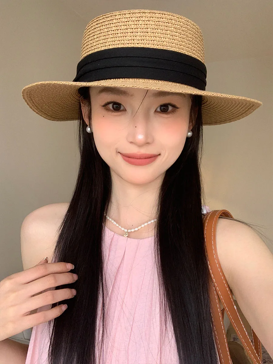 French Flat-Top Straw Hat Women's High-End Sense Of Straw Sun Hat Seaside Vacation Sun Protection Hat Small Face-Revealing Hat