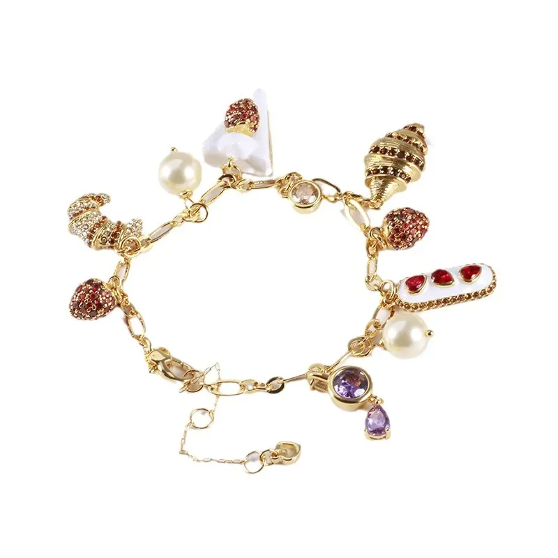 

European and American Fashion Trends Three-dimensional Strawberry Cake Horn Croissant Bread Pearl Bracelet